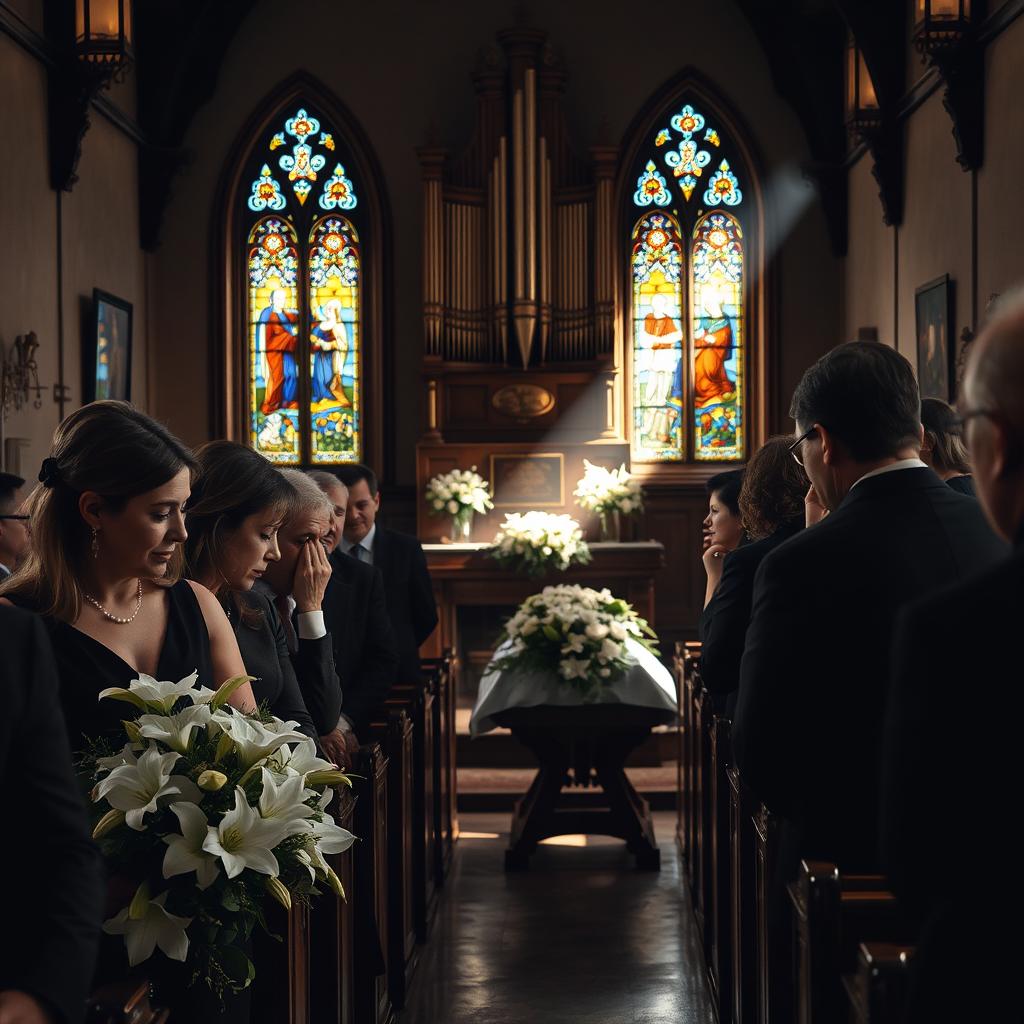 A beautifully solemn and dramatic funeral scene held in a quaint, historic chapel with stained glass windows casting colorful patterns on the wooden pews