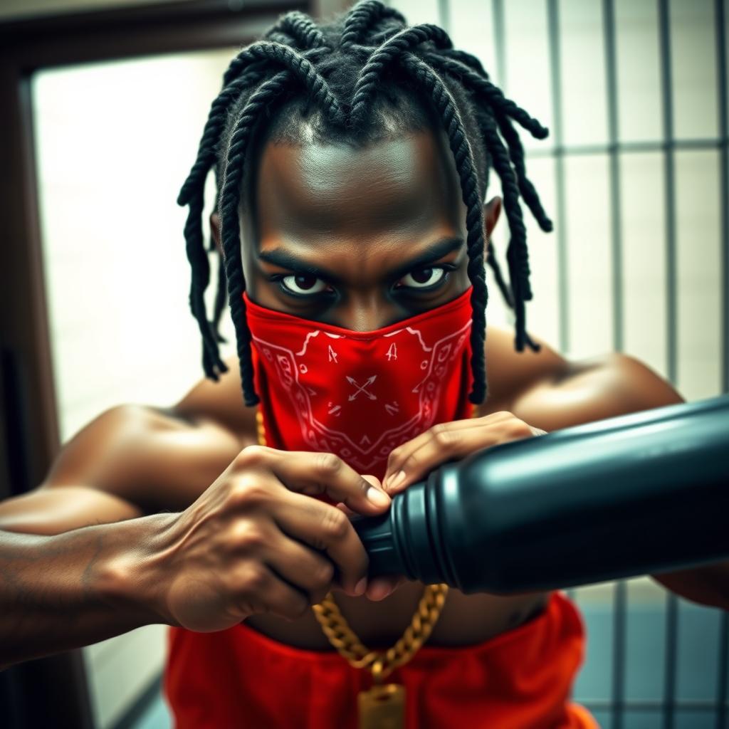 Close-up of a muscular African American gang member in a prison setting, with a menacing expression