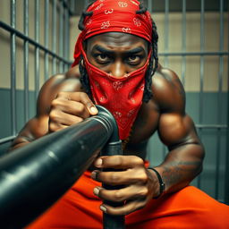 Close-up of a muscular African American gang member in a prison setting, with a menacing expression