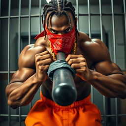 Close-up of a muscular African American gang member in a prison setting, with a menacing expression