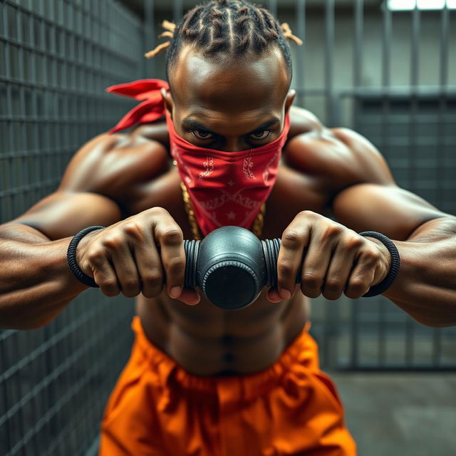 Close-up of a muscular African American gang member in a prison setting with a fierce expression