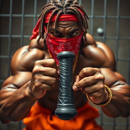 Close-up of a muscular African American gang member in a prison setting with a mean expression