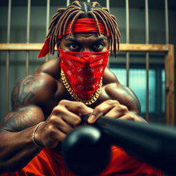 Close-up of a muscular African American gang member in a prison setting with a mean expression