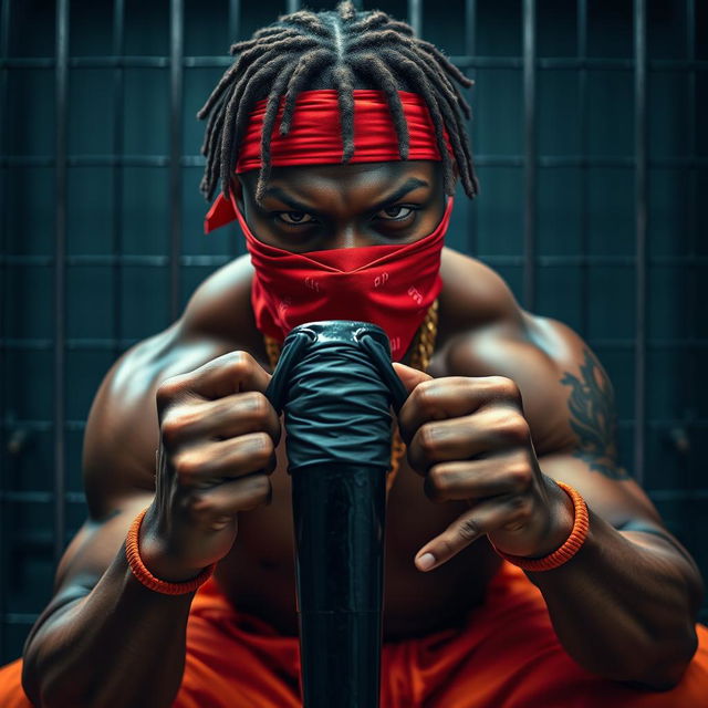 A close-up of a muscular African American gang member in a prison setting, displaying a mean expression