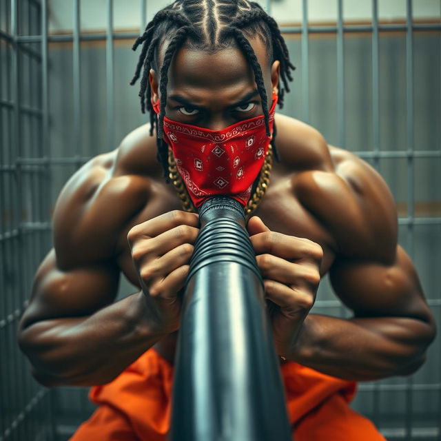 Close-up of a muscular African American gang member in a prison setting with a mean expression