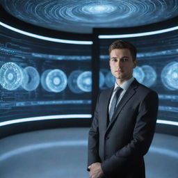 Create an image of an individual immersed in a holographic information stream, their eyes glowing with intelligence. They are standing in a futuristic study room, which is filled with floating, digital text and images representing their expert knowledge on a topic.