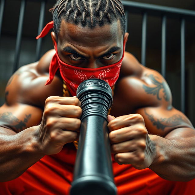 A close-up of a muscular African American gang member in a prison setting, showcasing a mean expression