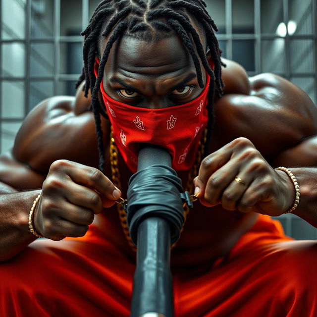 Close-up of a muscular African American gang member in a prison environment, with a mean expression