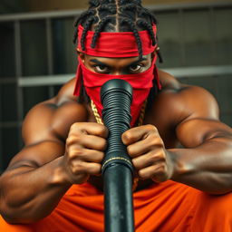 Close-up of a muscular African American gang member in a prison environment, displaying a mean expression