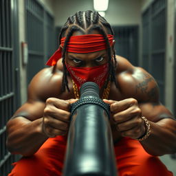 Close-up of a muscular African American gang member in a prison environment, displaying a mean expression