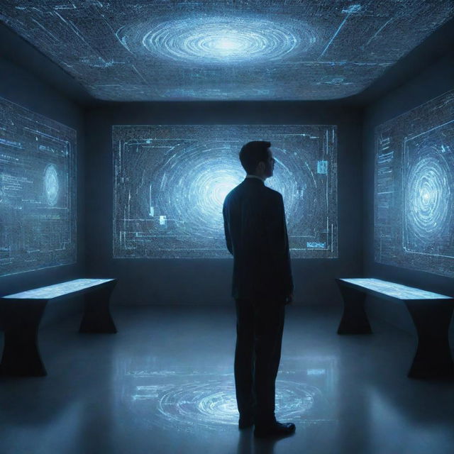 Create an image of an individual immersed in a holographic information stream, their eyes glowing with intelligence. They are standing in a futuristic study room, which is filled with floating, digital text and images representing their expert knowledge on a topic.