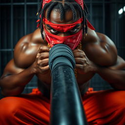 Close-up of a muscular African American gang member in a prison environment, displaying a mean expression