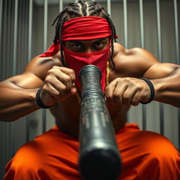 Close-up of a muscular African American gang member in a prison environment, displaying a mean expression