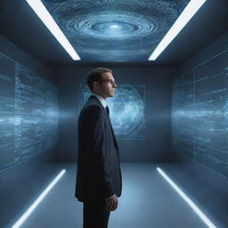 Create an image of an individual immersed in a holographic information stream, their eyes glowing with intelligence. They are standing in a futuristic study room, which is filled with floating, digital text and images representing their expert knowledge on a topic.