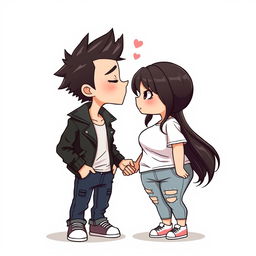 Full-body chibi-style illustration featuring a handsome, slim young adult boy with a rock-inspired look, including spiked hair, a leather jacket, and jeans, affectionately kissing a curvy, plus-sized young adult girl on the forehead