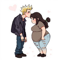 Full-body chibi-style illustration featuring a handsome, slim young adult boy with a rock-inspired look, including spiked hair, a leather jacket, and jeans, affectionately kissing a curvy, plus-sized young adult girl on the forehead