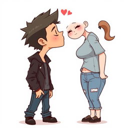 Full-body chibi-style illustration featuring a handsome, slim young adult boy with a rock-inspired look, including spiked hair, a leather jacket, and jeans, affectionately kissing a curvy, plus-sized young adult girl on the forehead