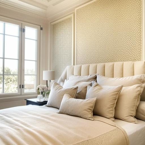 Bedroom showcasing a modern French design with intricately detailed walls and color scheme incorporating neutral and pastel shades