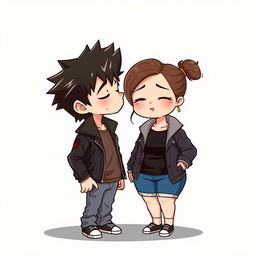 Full-body chibi-style illustration of a handsome, slim young adult boy with a rock-inspired look, featuring spiked hair, a leather jacket, and jeans