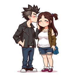 Full-body chibi-style illustration of a handsome, slim young adult boy with a rock-inspired look, featuring spiked hair, a leather jacket, and jeans