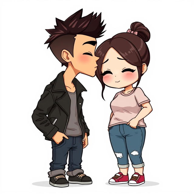 Full-body chibi-style illustration of a handsome, slim young adult boy with a rock-inspired look, featuring spiked hair, a leather jacket, and jeans