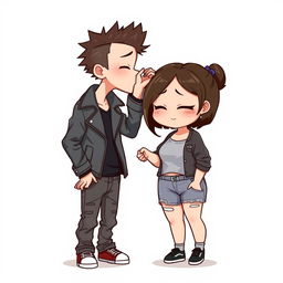 Full-body chibi-style illustration of a handsome, slim young adult boy with a rock-inspired look, featuring spiked hair, a leather jacket, and jeans