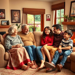 A warm, heartwarming scene featuring a diverse family sitting together in a cozy living room