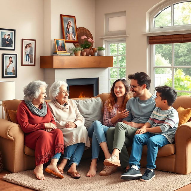 A warm, heartwarming scene featuring a diverse family sitting together in a cozy living room