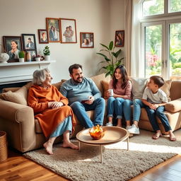 A warm, heartwarming scene featuring a diverse family sitting together in a cozy living room