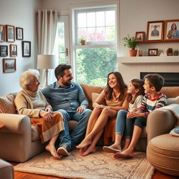 A warm, heartwarming scene featuring a diverse family sitting together in a cozy living room