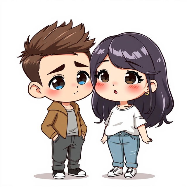 A full-body chibi-style illustration of a handsome, slim young adult boy and a curvy, plus-sized young adult girl of the same age and height