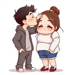 A full-body chibi-style illustration of a handsome, slim young adult boy and a curvy, plus-sized young adult girl of the same age and height