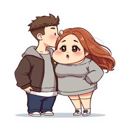 A full-body chibi-style illustration of a handsome, slim young adult boy and a curvy, plus-sized young adult girl of the same age and height