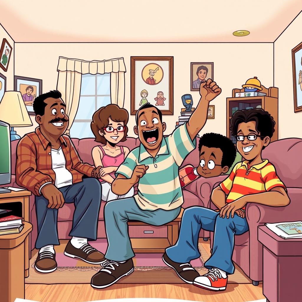 A dynamic and nostalgic illustration depicting the iconic characters from the 'Family Matters' TV show