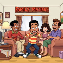 A dynamic and nostalgic illustration depicting the iconic characters from the 'Family Matters' TV show