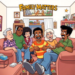 A dynamic and nostalgic illustration depicting the iconic characters from the 'Family Matters' TV show