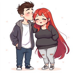 A full-body chibi-style illustration of a handsome, slim young adult boy and a curvy, plus-sized young adult girl of the same age and height