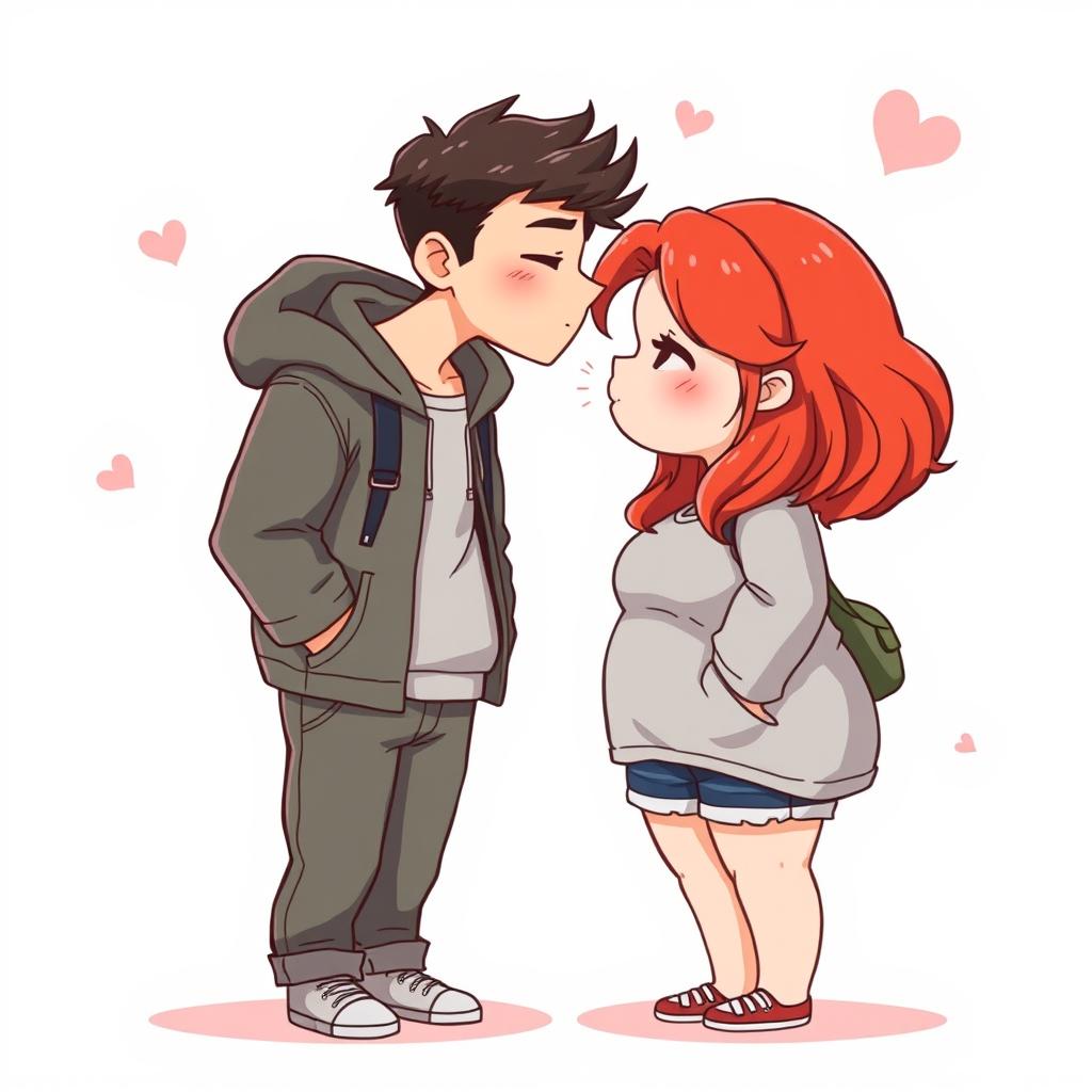 A full-body chibi-style illustration of a handsome, slim young adult boy and a curvy, plus-sized young adult girl of the same age and height