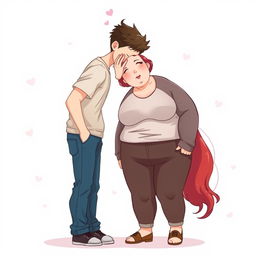 A full-body chibi-style illustration of a handsome, slim young adult boy and a curvy, plus-sized young adult girl of the same age and height