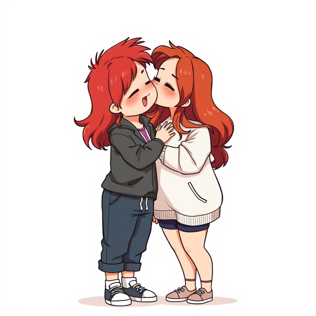 A full-body chibi-style illustration featuring a handsome, slim young adult boy kissing a curvy, plus-sized young adult girl affectionately