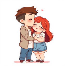 A full-body chibi-style illustration featuring a handsome, slim young adult boy kissing a curvy, plus-sized young adult girl affectionately