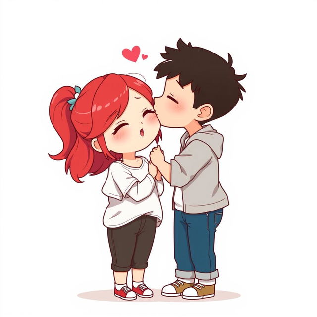 A full-body chibi-style illustration featuring a handsome, slim young adult boy kissing a curvy, plus-sized young adult girl affectionately