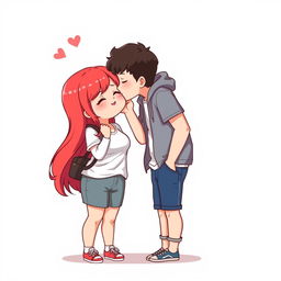 A full-body chibi-style illustration featuring a handsome, slim young adult boy kissing a curvy, plus-sized young adult girl affectionately