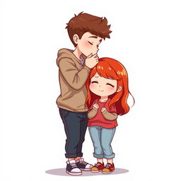 A full-body chibi-style illustration featuring a handsome, slim young adult boy and a curvy, plus-sized young adult girl of the same age and height