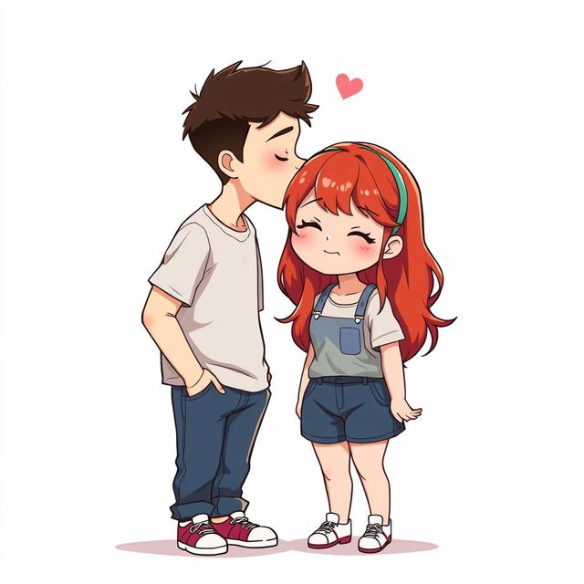 A full-body chibi-style illustration featuring a handsome, slim young adult boy and a curvy, plus-sized young adult girl of the same age and height