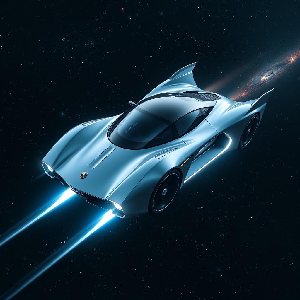 A futuristic flying car soaring through the vast expanses of space, with a sleek design featuring smooth curves and glowing neon accents