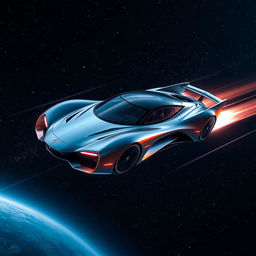 A futuristic flying car soaring through the vast expanses of space, with a sleek design featuring smooth curves and glowing neon accents