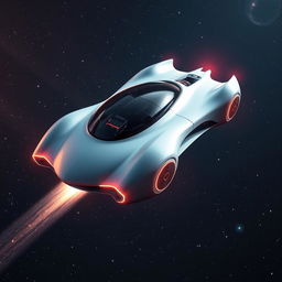 A futuristic flying car soaring through the vast expanses of space, with a sleek design featuring smooth curves and glowing neon accents