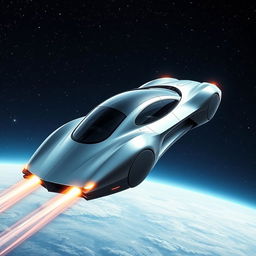 A futuristic flying car soaring through the vast expanses of space, with a sleek design featuring smooth curves and glowing neon accents