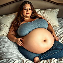 A gigantic plus-size woman with long brown hair and extremely large bust, wearing jeans, lying in a bed